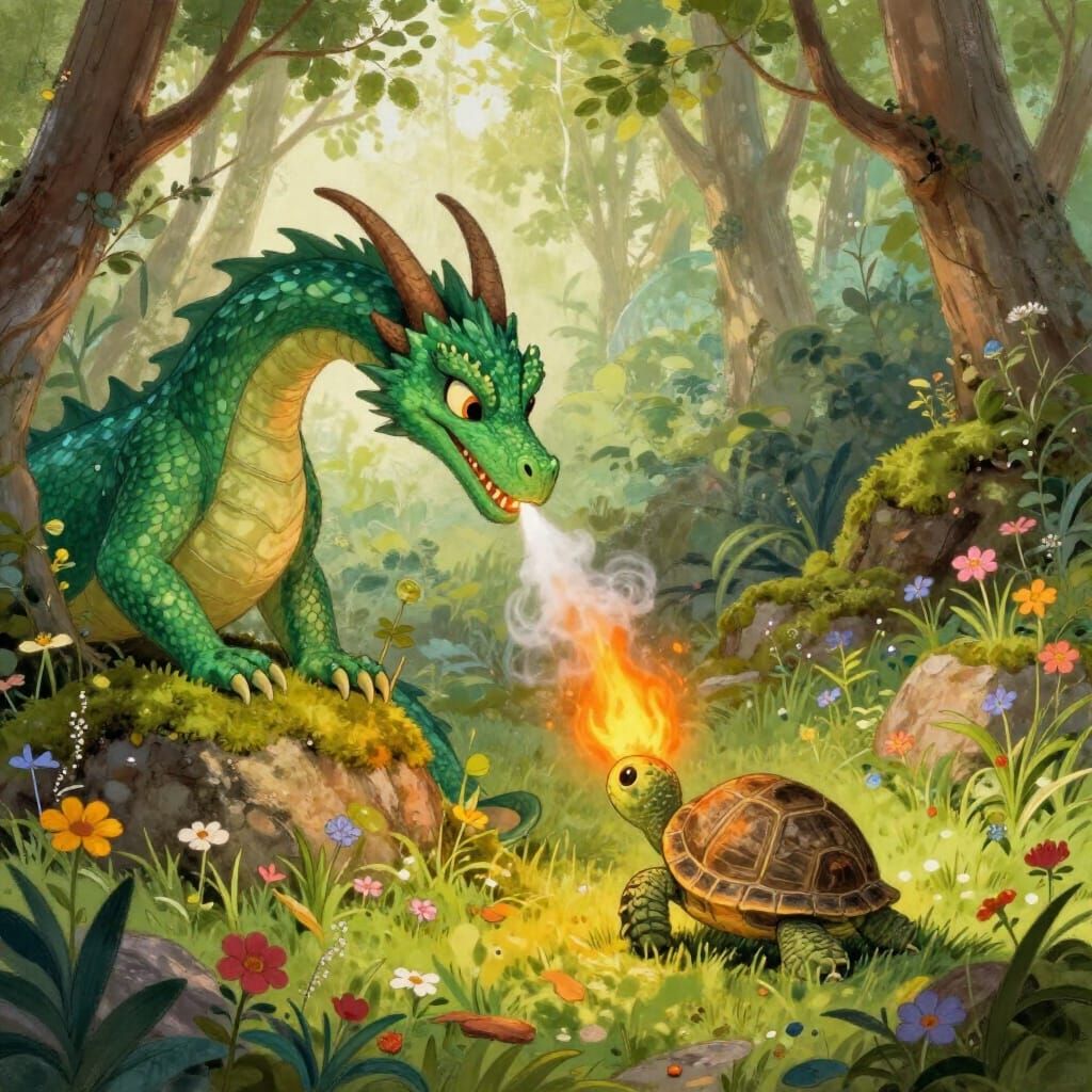 Emerald Dragon and Curious Turtle in Storybook Style