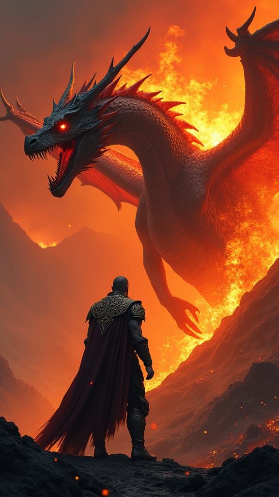 Viking Warrior and Dragon in Fiery Battle