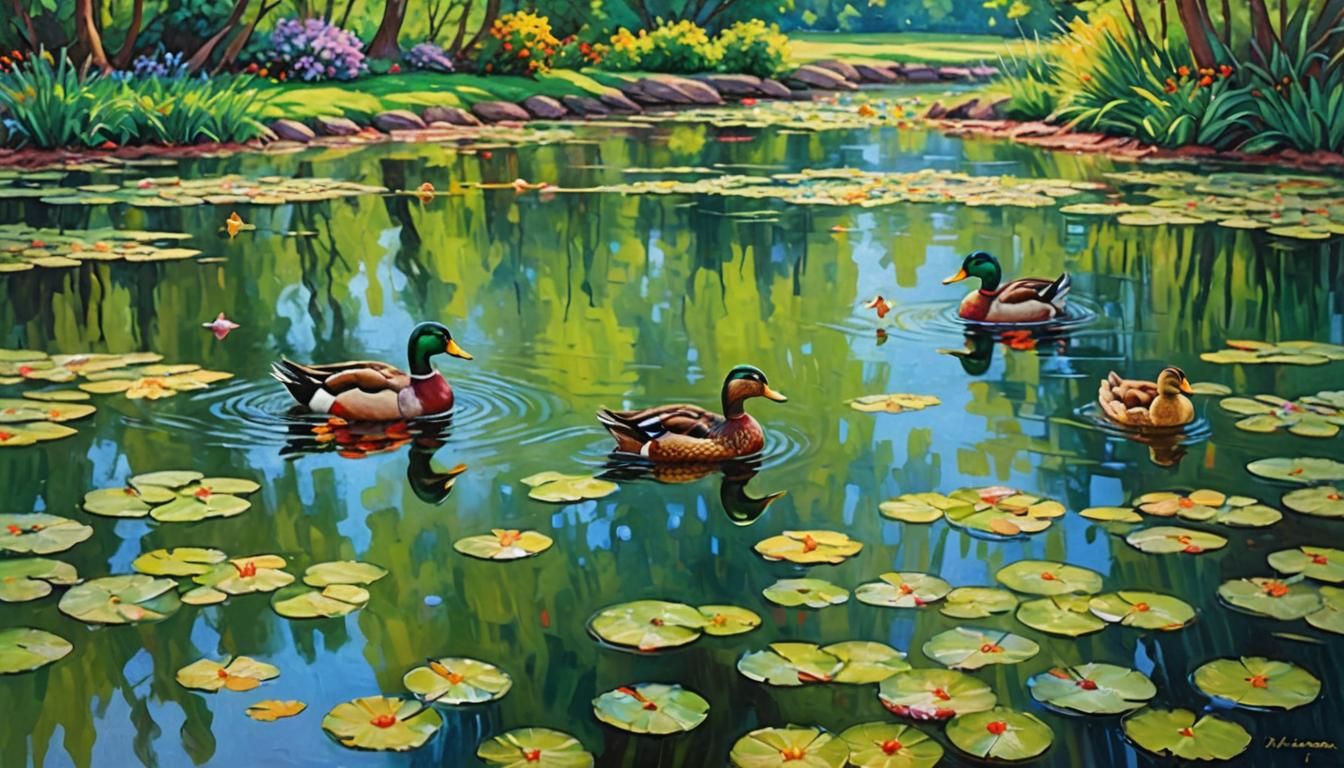 Ducks on Pond in Expressionist Impasto Painting