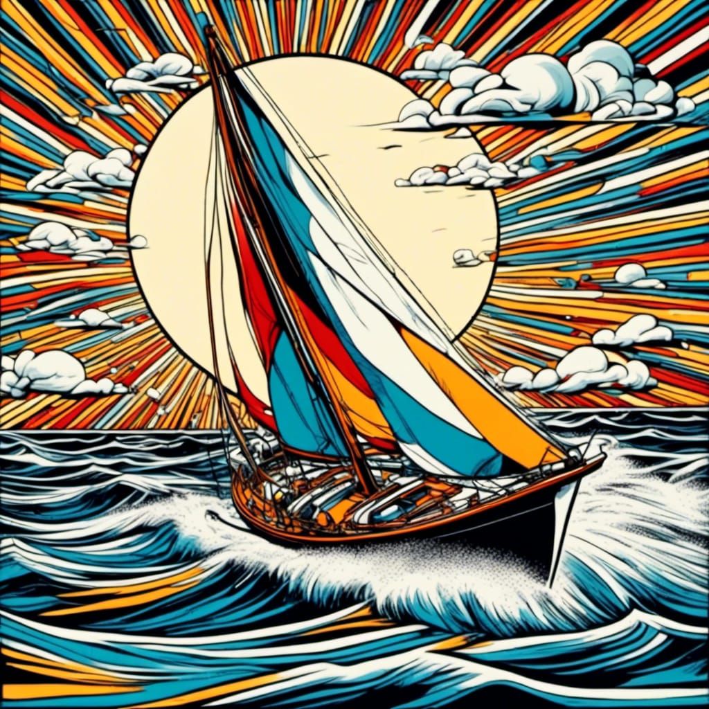 Pop Art Sunset Sailboat in Lichtenstein Style
