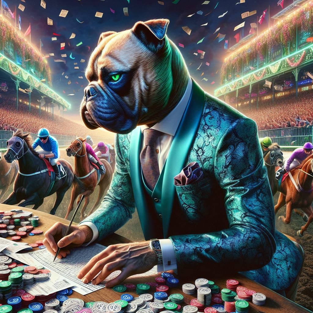 Bulldog Gambler at the Races: Hyper-Realistic Concept Art