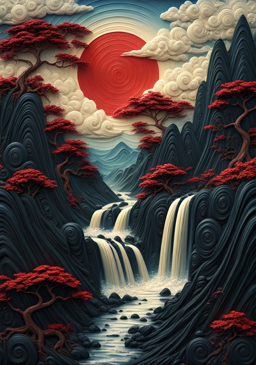 Surreal Mountain Landscape in Mixed-Media Style