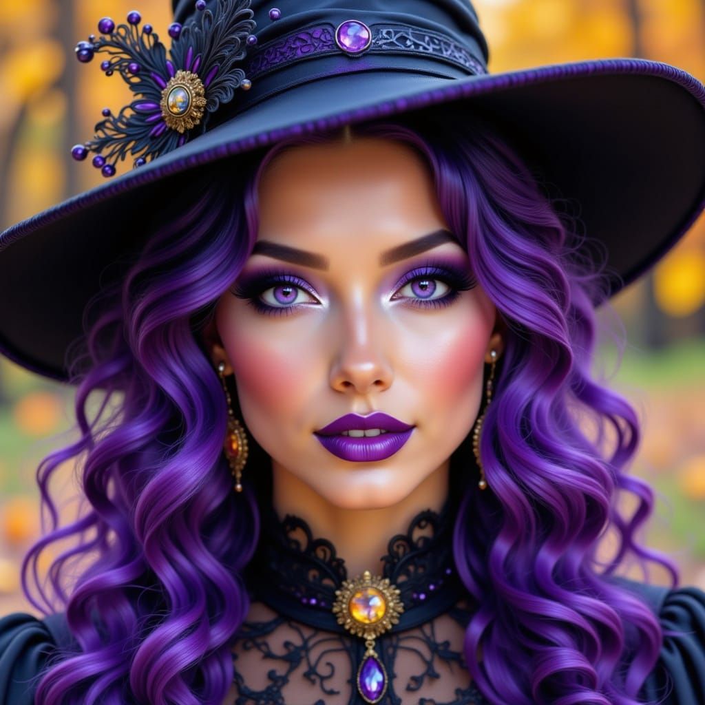 Purple Haired Witch in Autumn Watercolor Style