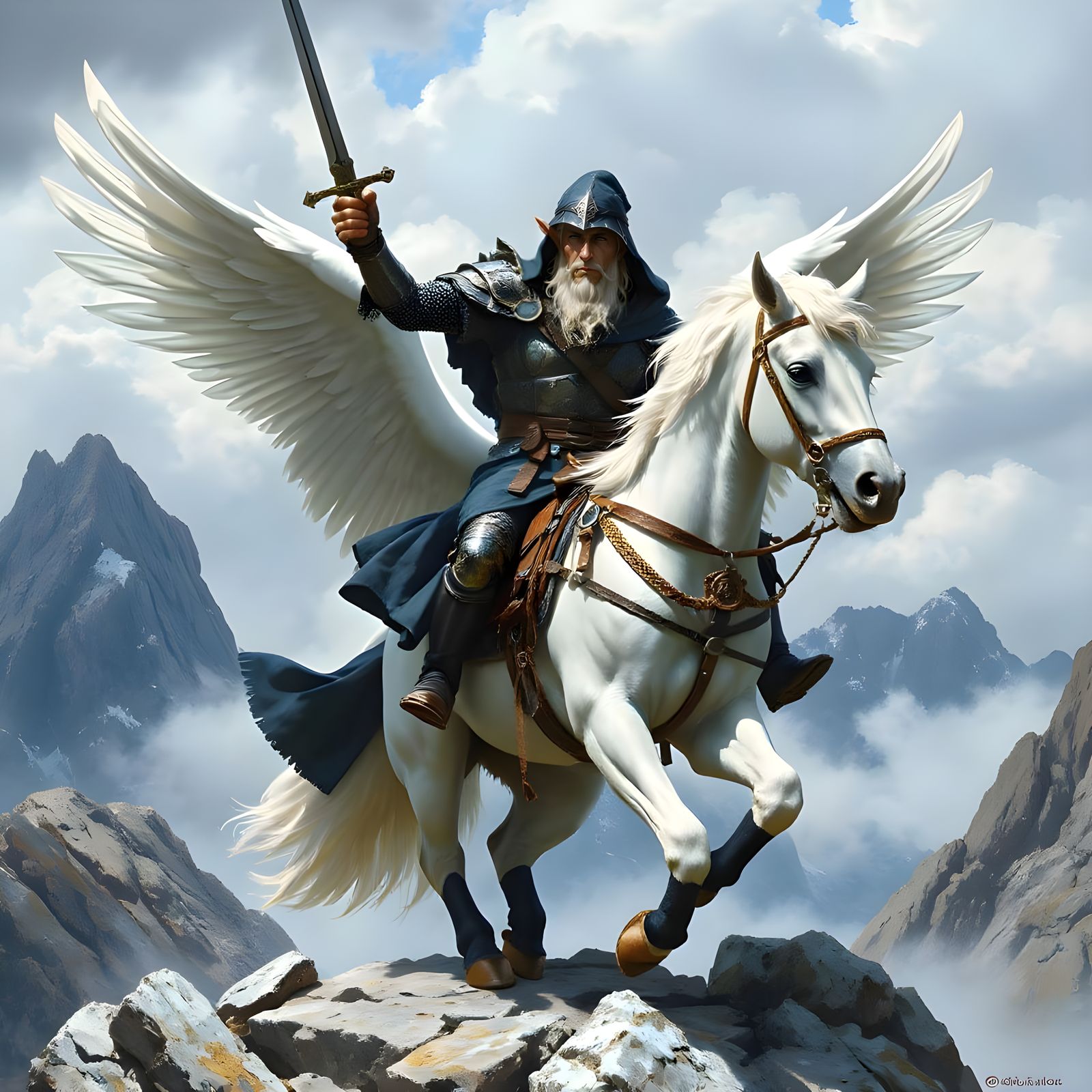 Epic Mountain Elf Wizard Warrior on Pegasus