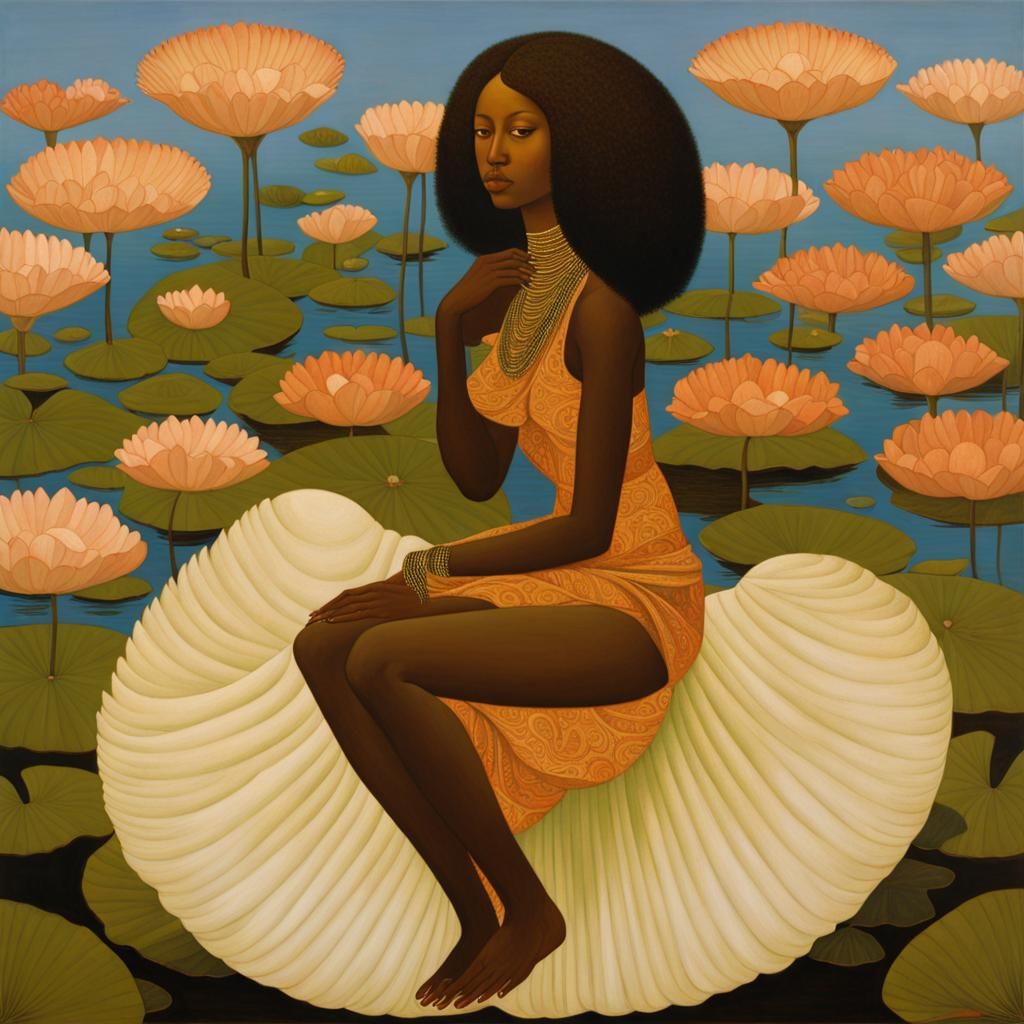 African Woman with Lotus Flowers in Painting Style