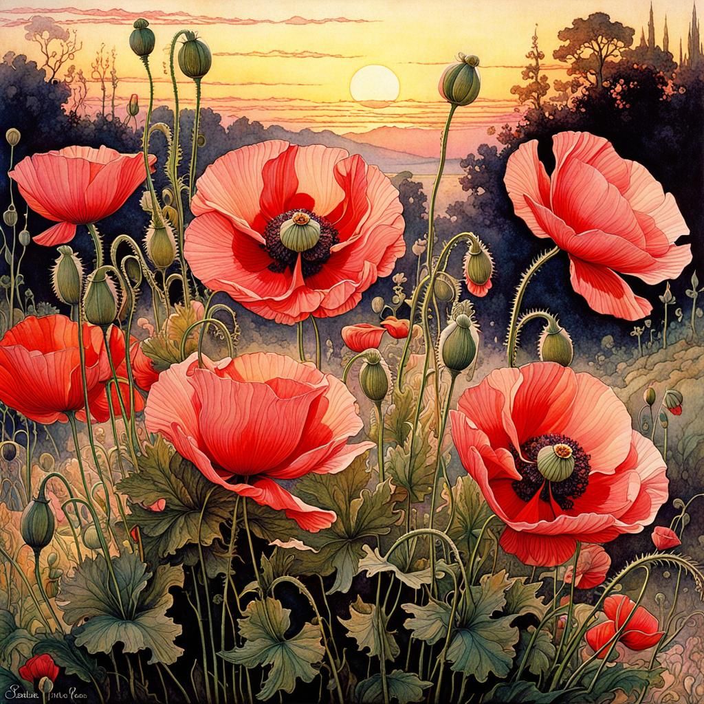 Poppies in Pink Evening Light: Intricate Illustration