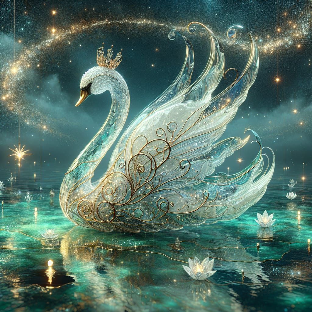 Elegant Glass Swan in Bioluminescent Water