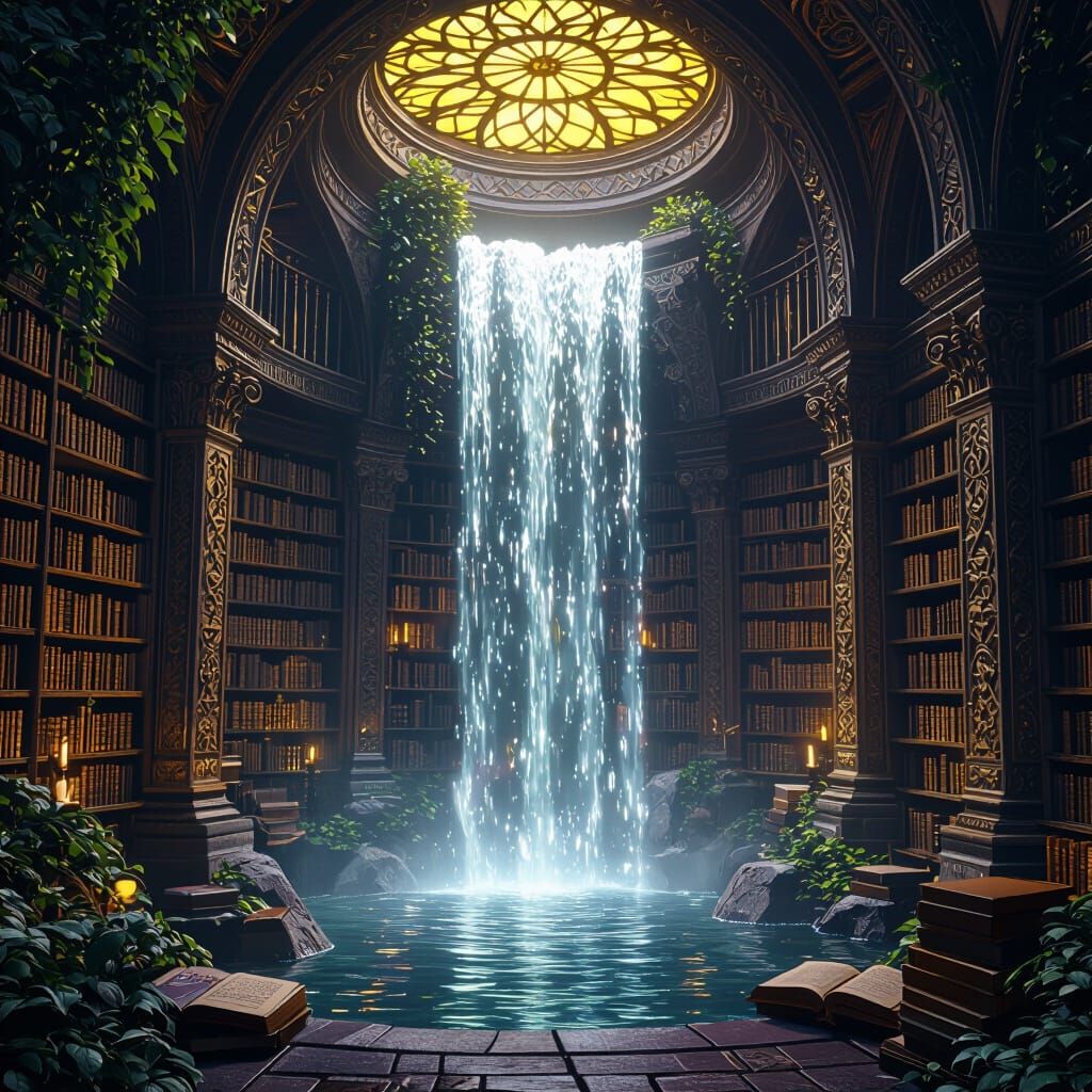Enchanted Library Waterfall with Dreamy Lighting
