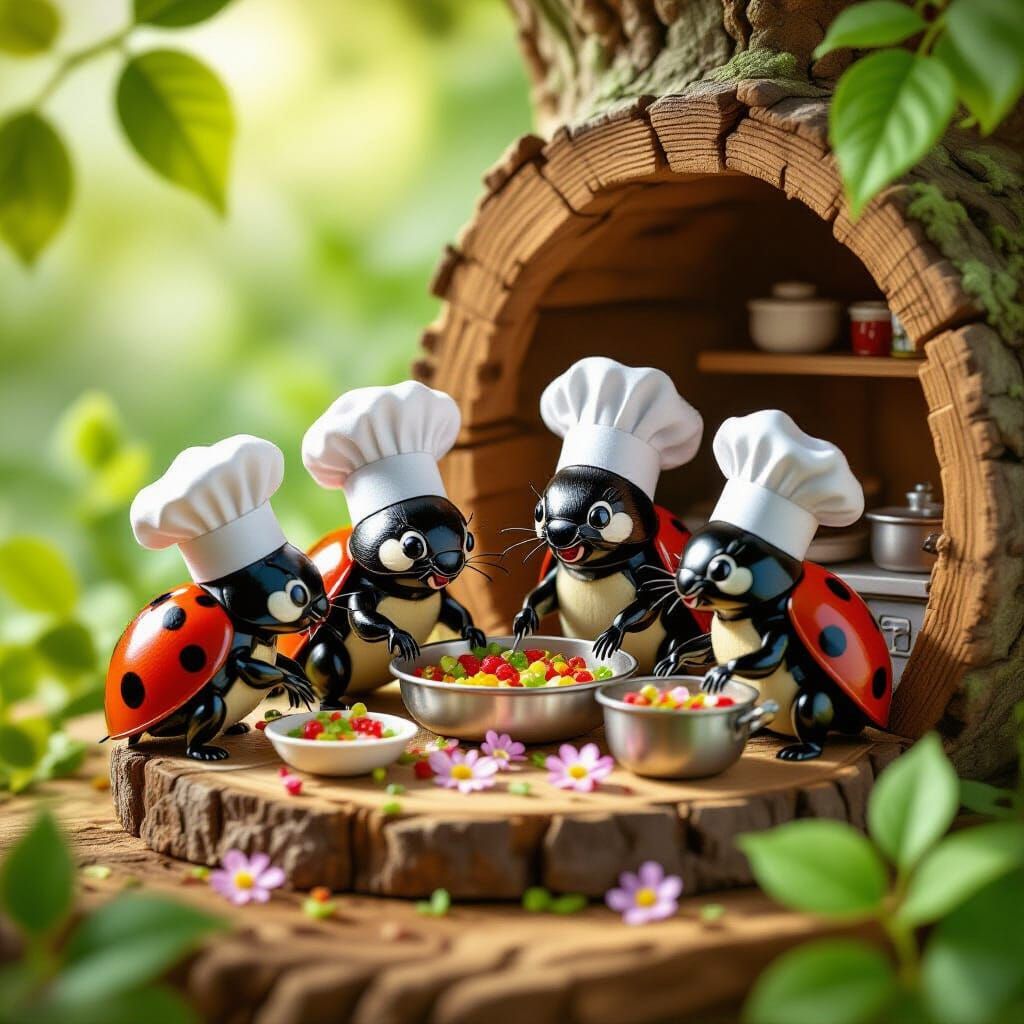 Ladybug Chefs Prepare Gourmet Meal: Hyperrealistic Illustrat...