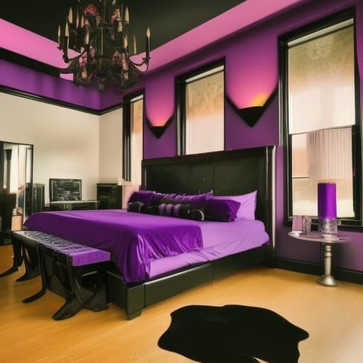 Purple lightning bedroom with Black walls with purple lightning on the walls& black windows with purple lights built-in ...