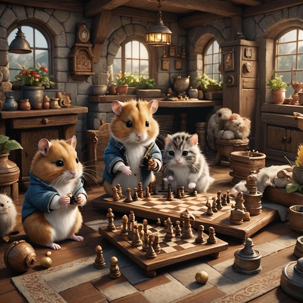 Hamster and Kitten Chess Game in Cozy Cottage