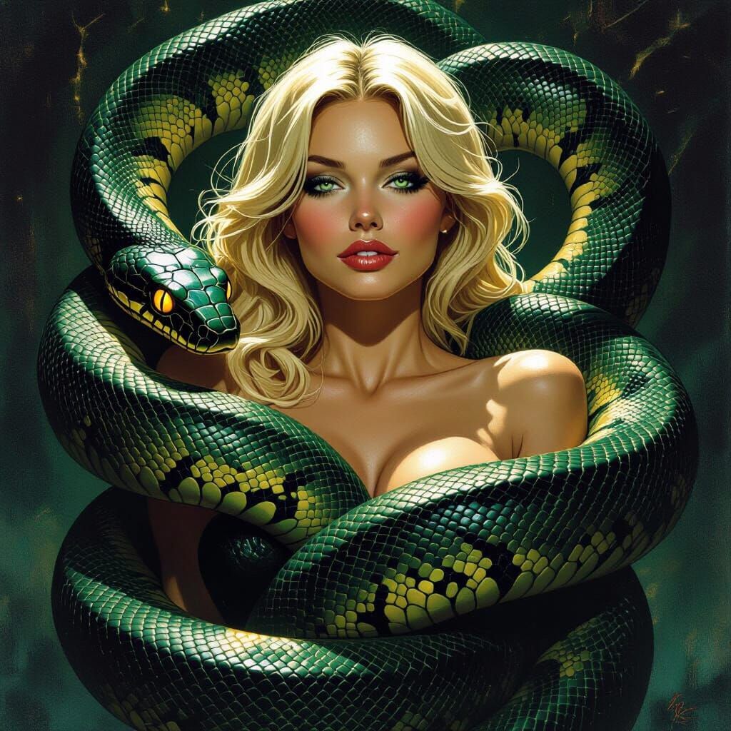 Hypnotized Woman Entwined with Seductive Python