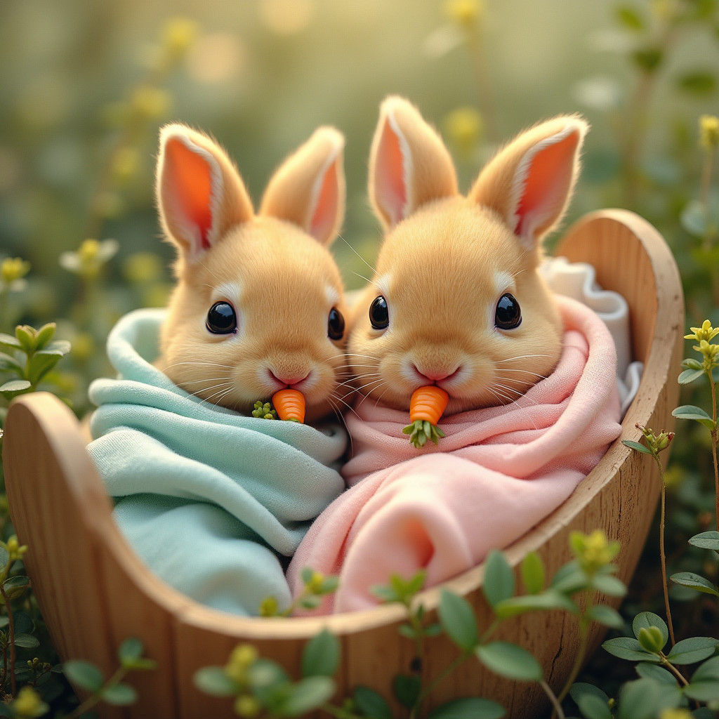 Twin Bunnies in Cradle, Storybook Illustration
