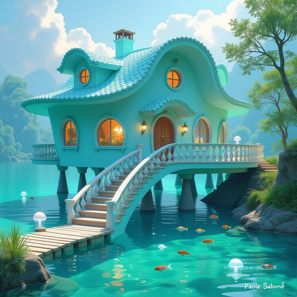 Whimsical House Over Crystal Lake in Dreamy Style