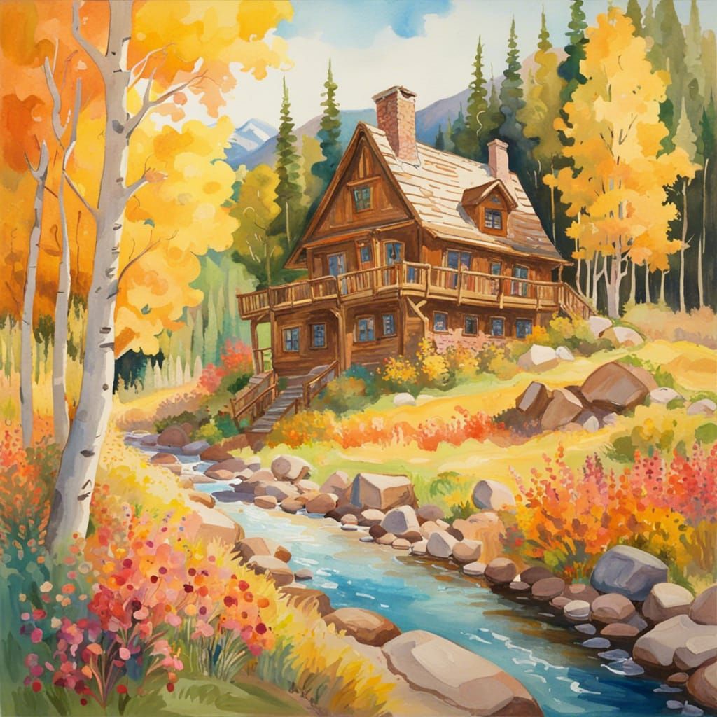 Cottagecore Tavern in Golden Aspen Forest, Gouache Style