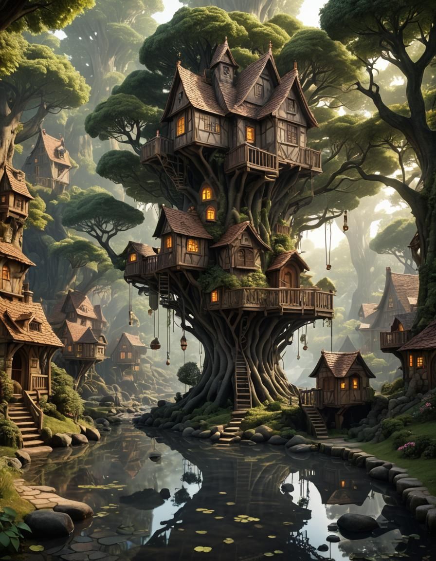 Fairy Village Treehouse with Fractal Water Reflections