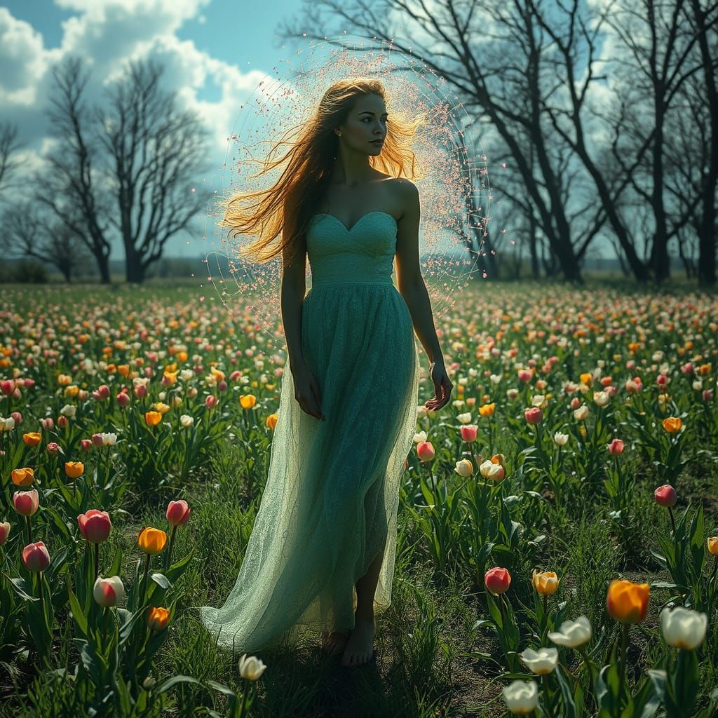 Ethereal Woman Embodies Resilience in Vibrant, Iridescent Au...