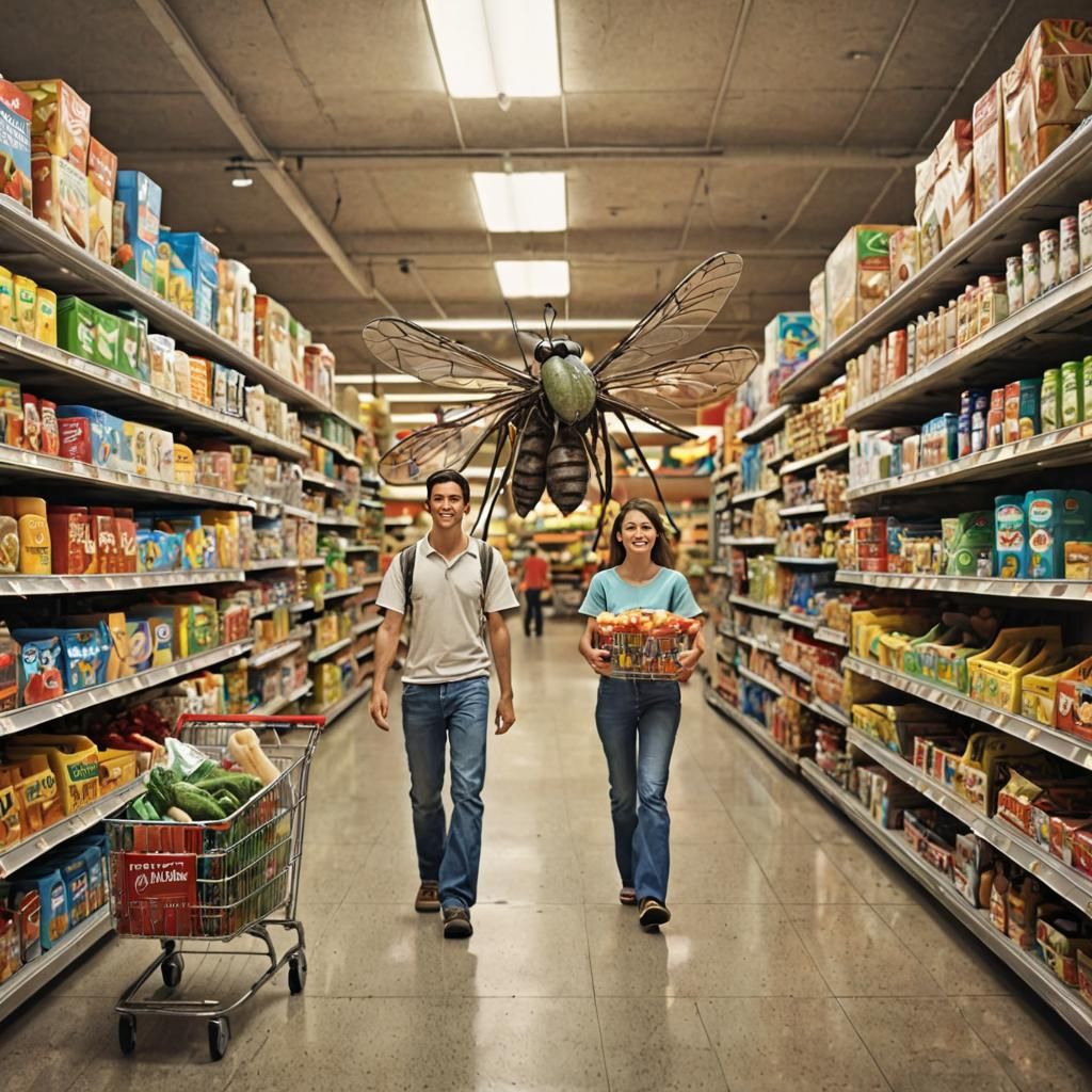 Mosquito Family's Grocery Trip: Whimsical Fantasy Art