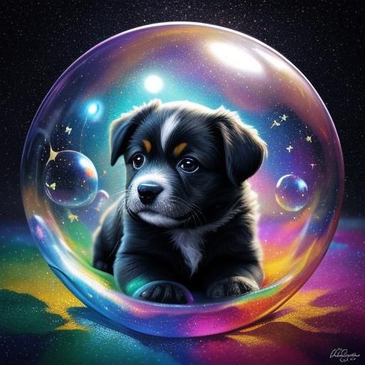Puppies in Bubbles Among Constellations: Hyperrealistic Spla...