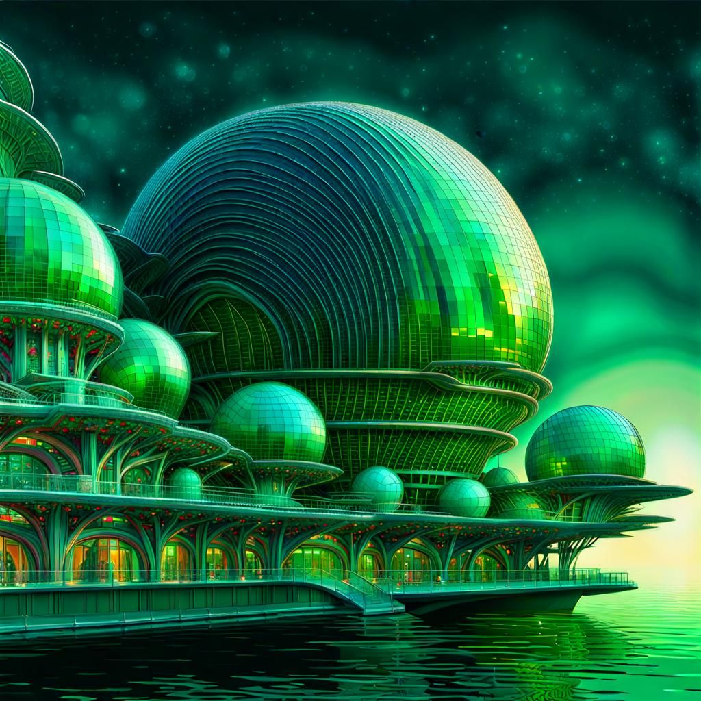 Futuristic City of Spheres in Holographic Style