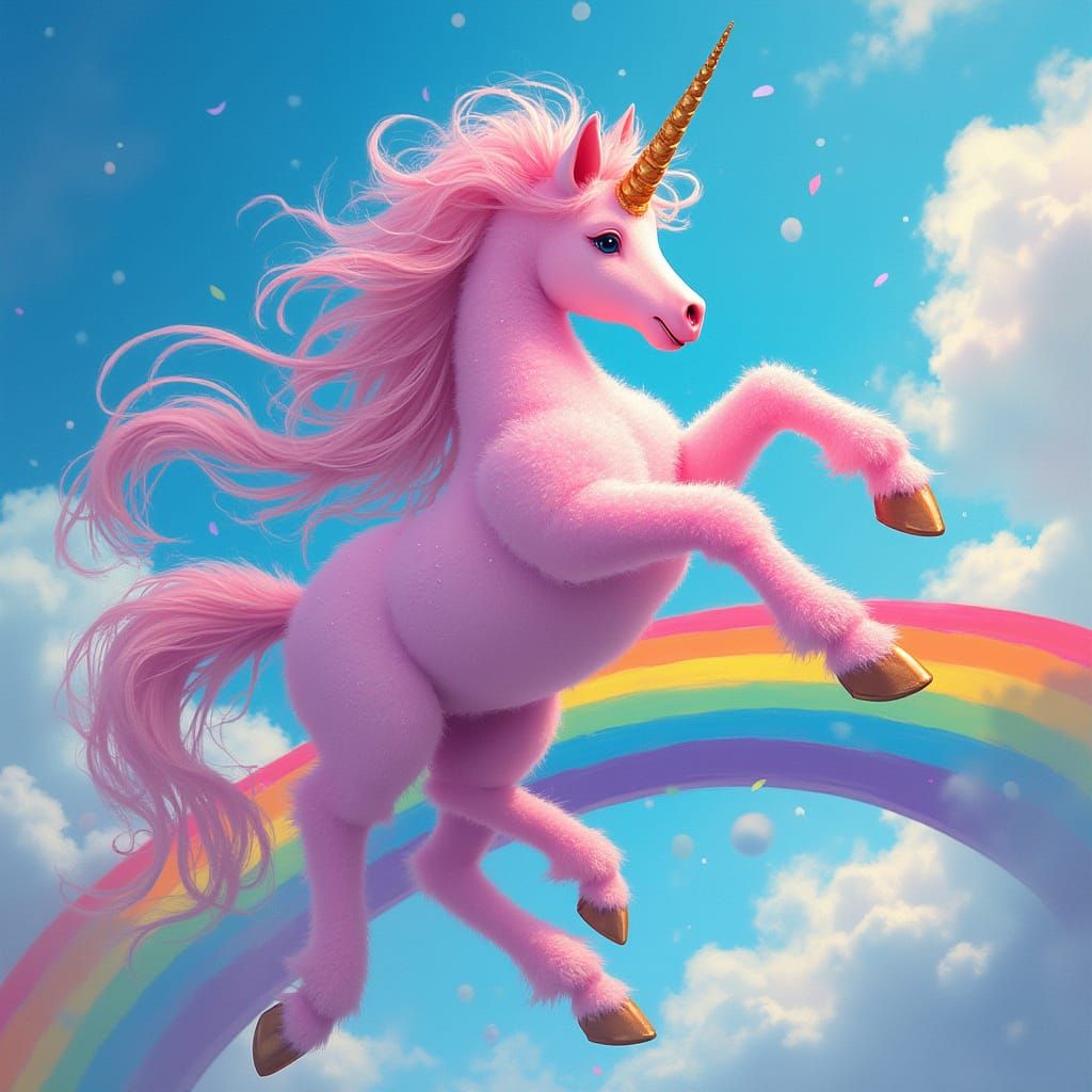 Majestic Pink Fluffy Unicorn in Vibrant Rainbow Scene