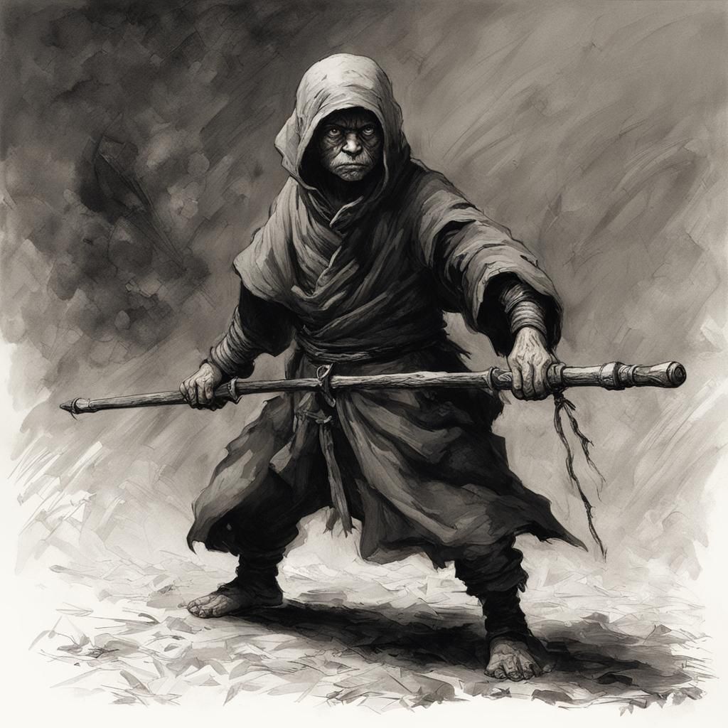 Halfling Shadow Monk with Bowstaff in Doré Style