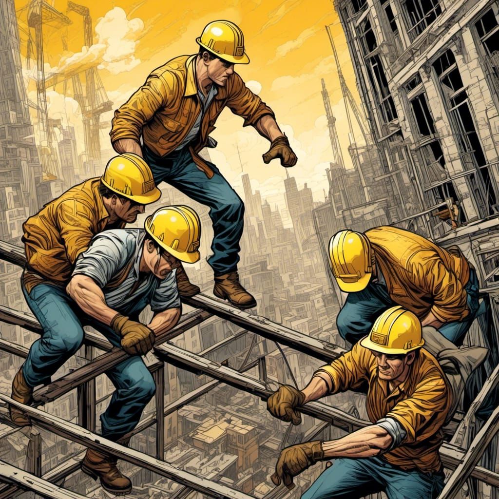 Construction Workers Boxing in Art Deco Comic Style