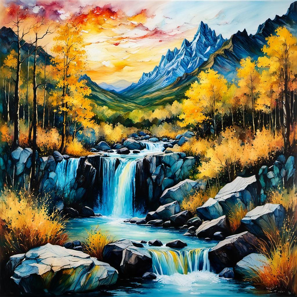 Encaustic Mountainscape Inspired by Van Gogh