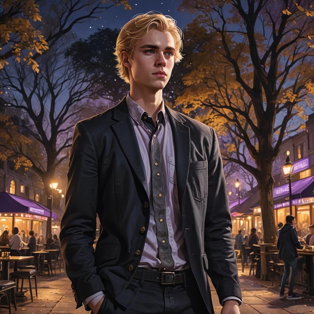 Blond Man in Park at Midnight: Cinematic Concept Art