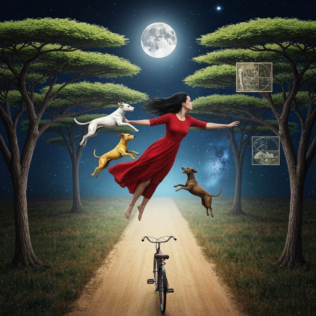 Woman Flying with Dogs Through Shimmering Forest at Night