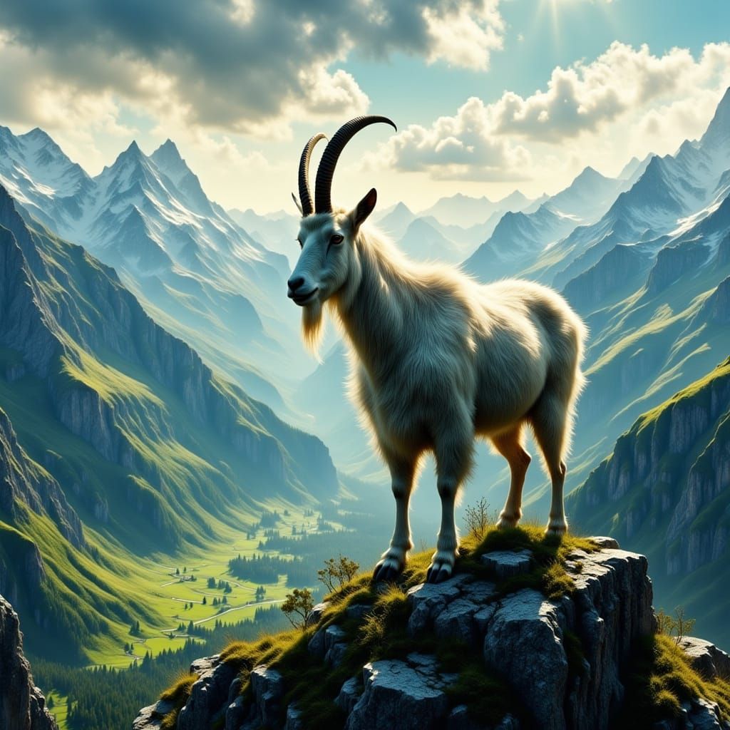 Photorealistic Mountain Goat in Swiss Alps with Double Expos...