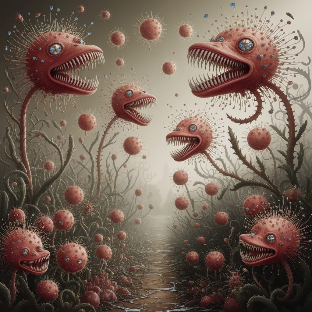 Eerie Garden with Bizarre Flowers in Surreal Digital Art