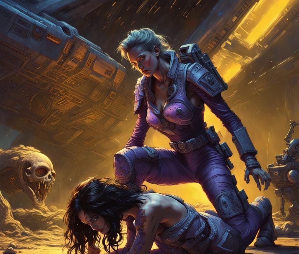 Futuristic Space Woman Defends Ship in Hyperdetailed Art