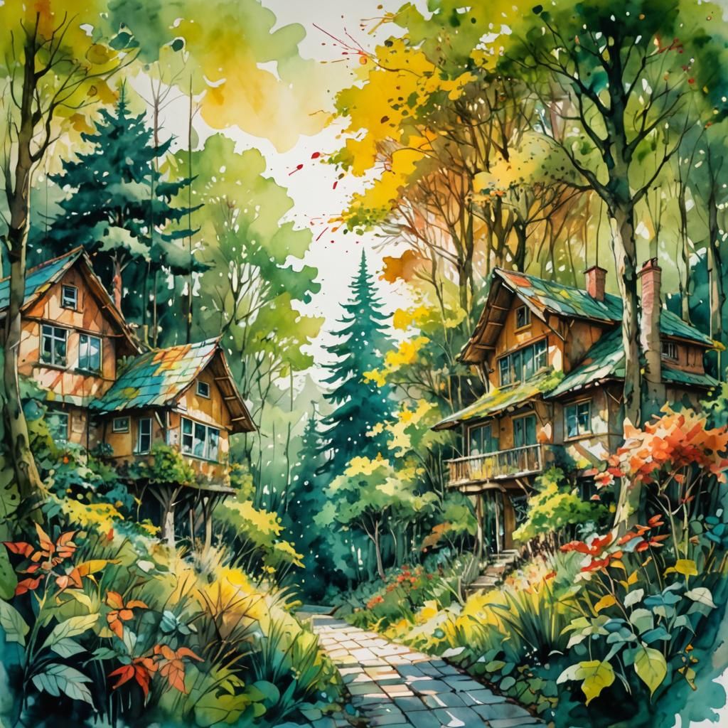 House on Sunny Forest Edge: Art Brut Watercolor