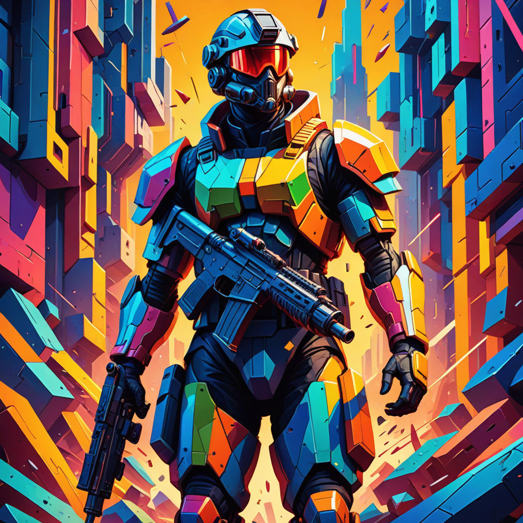 Angular Soldier Amidst Cubist Battlefield in Neo-Cubism Styl...