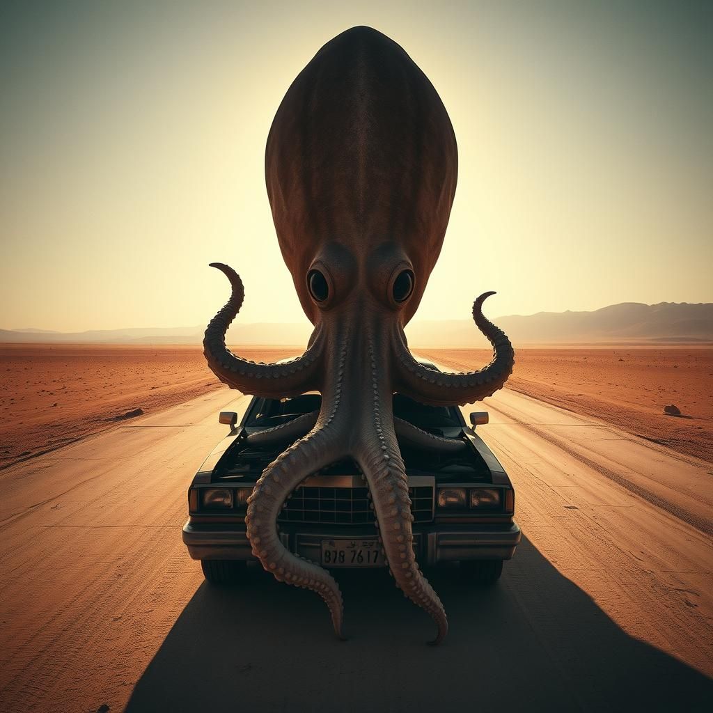 Desert Breakdown: Car Repair Nightmare with Giant Squid