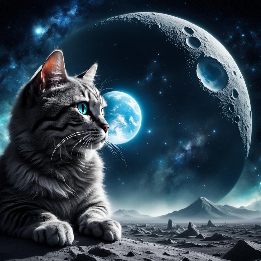 Cat on the Moon with Galaxy Eye: Digital Painting