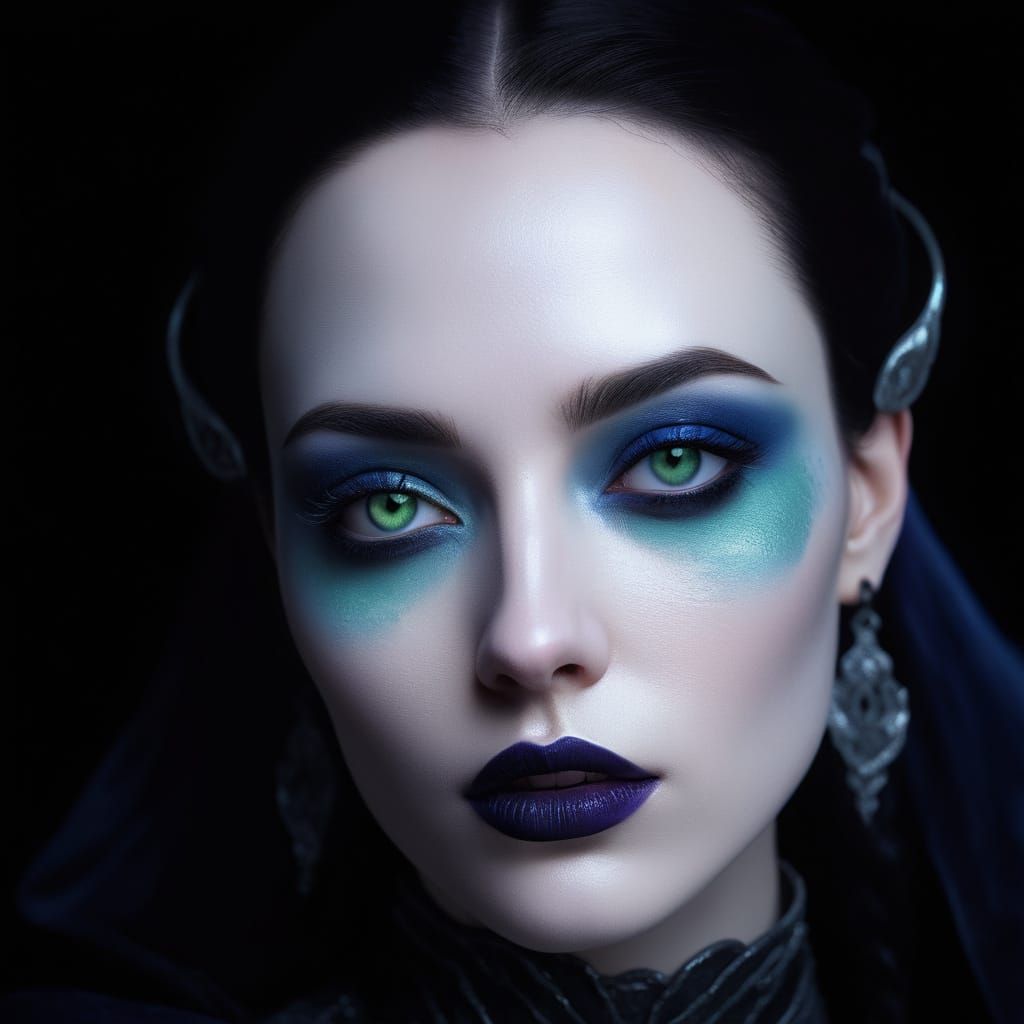 Stunning portrait of Gothic young lady with black hair and green eyes with dark blue eyeshadow with black eyeliner and b...