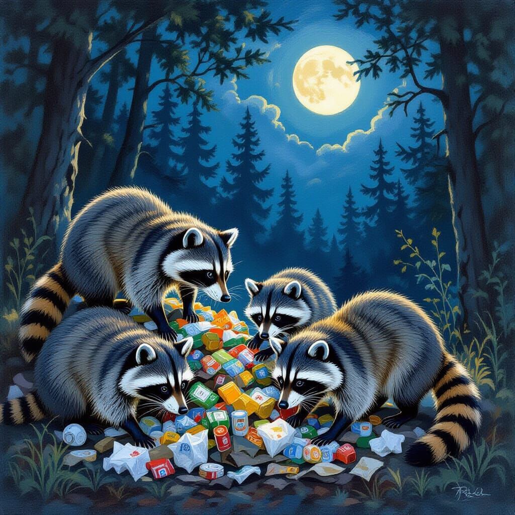 Gouache Painting of Raccoons Foraging in Moonlight