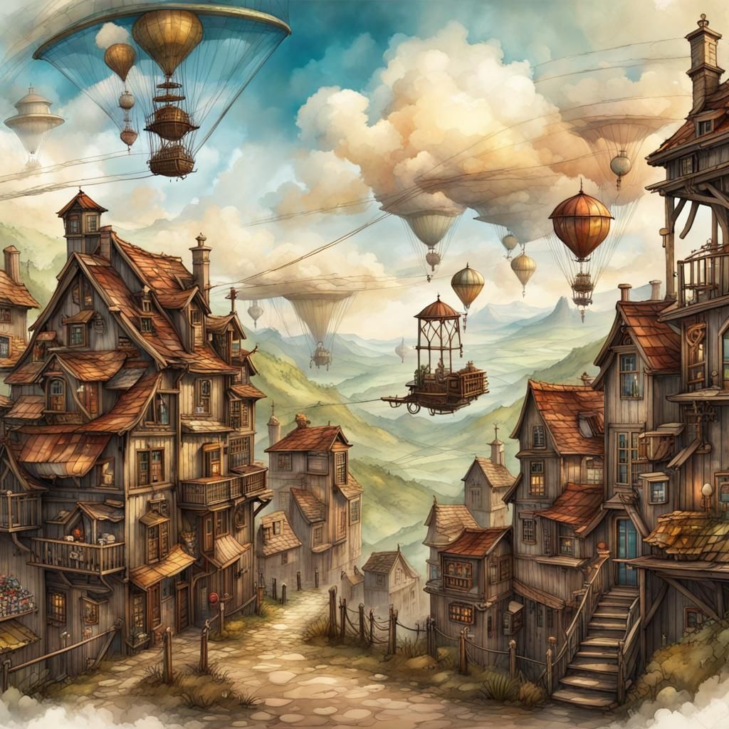Steampunk Airship Over Mountain Village in Watercolor Style