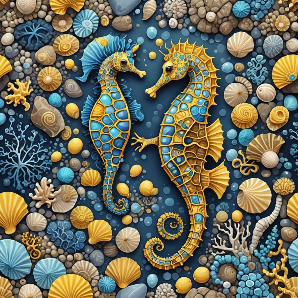 Pregnant Seahorse with Colorful Fish in Ocean