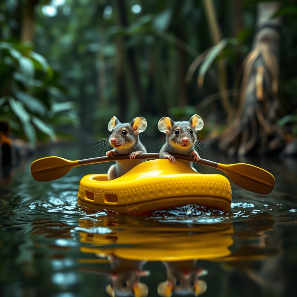 Whimsical Mice Paddle Through Rainforest River in a Vibrant ...