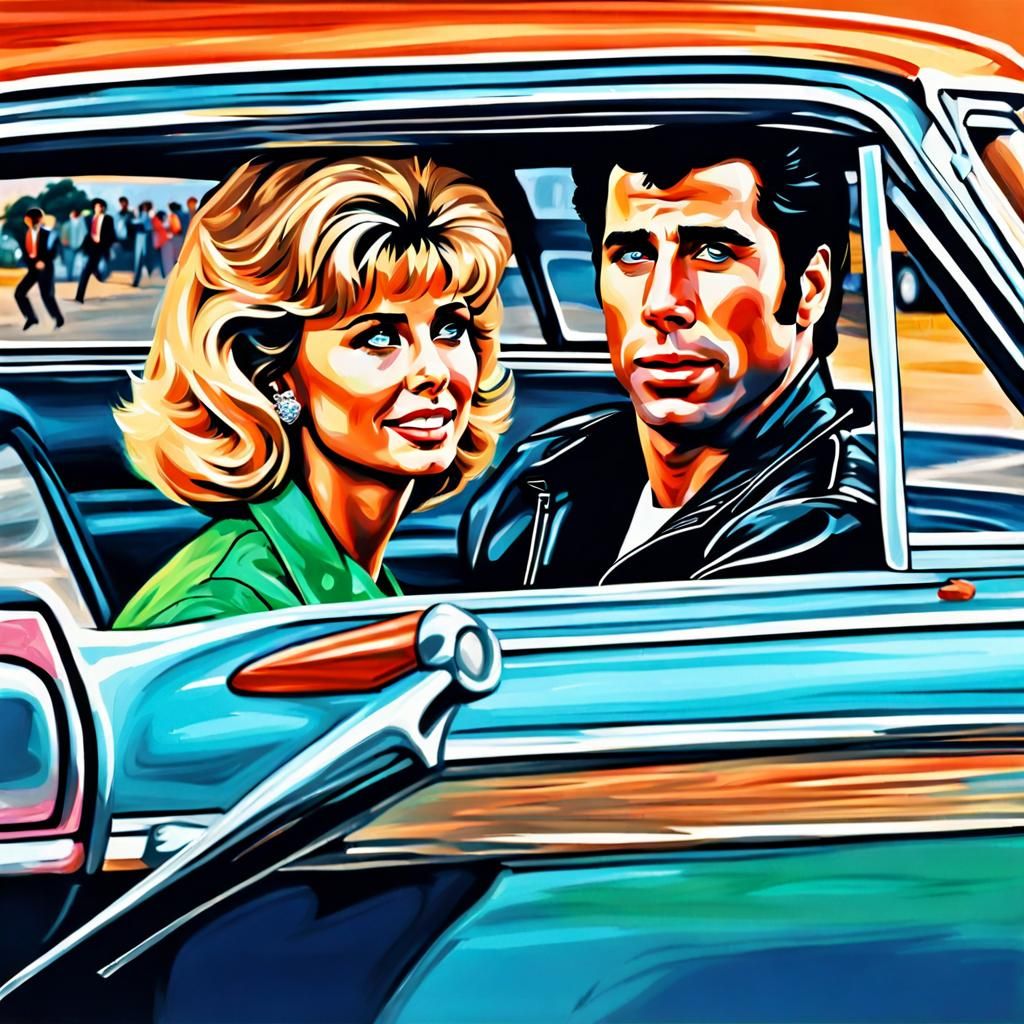 Grease Couple in Car: Hyperdetailed Action Painting