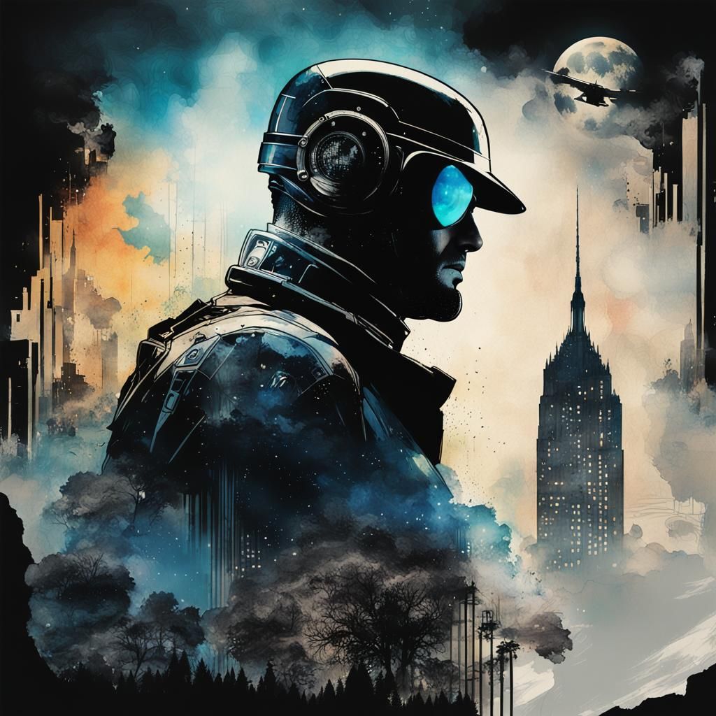 Robocop Double Exposure in Noir Comic Style