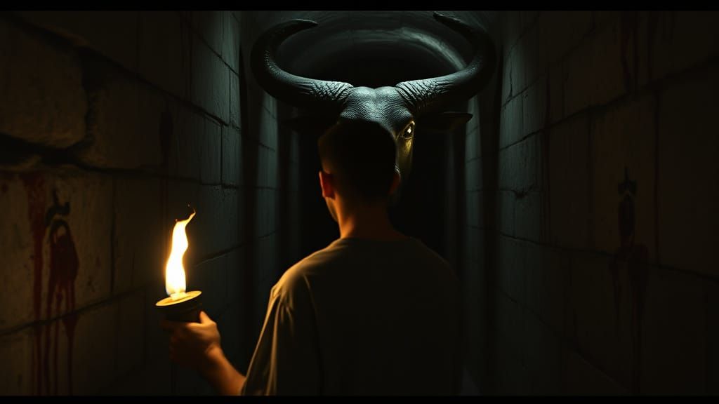 Minotaur's Labyrinth: Greek Man Faces Glowing Bull Monster