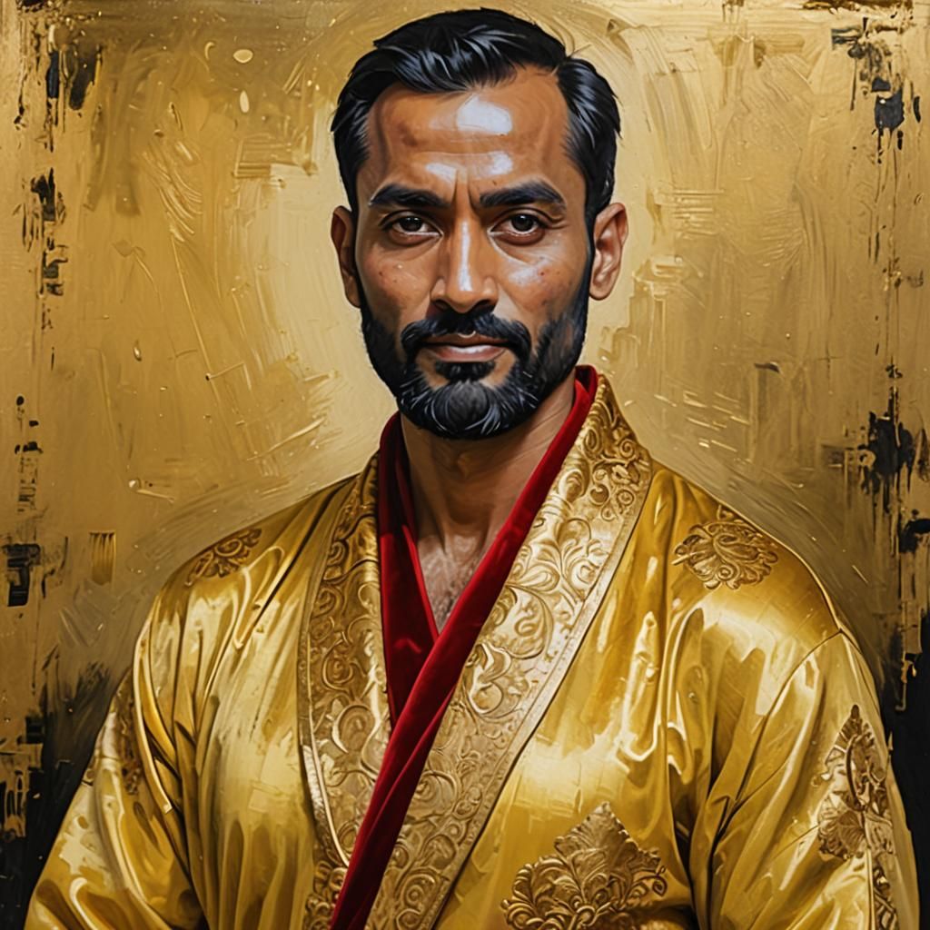 Elegant Indian Man in Gold Bathrobe, Impressionist Oil Paint...