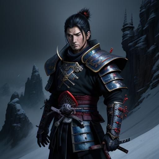 Fantasy Samurai on Snowy Mountain, Hyperdetailed Concept Art