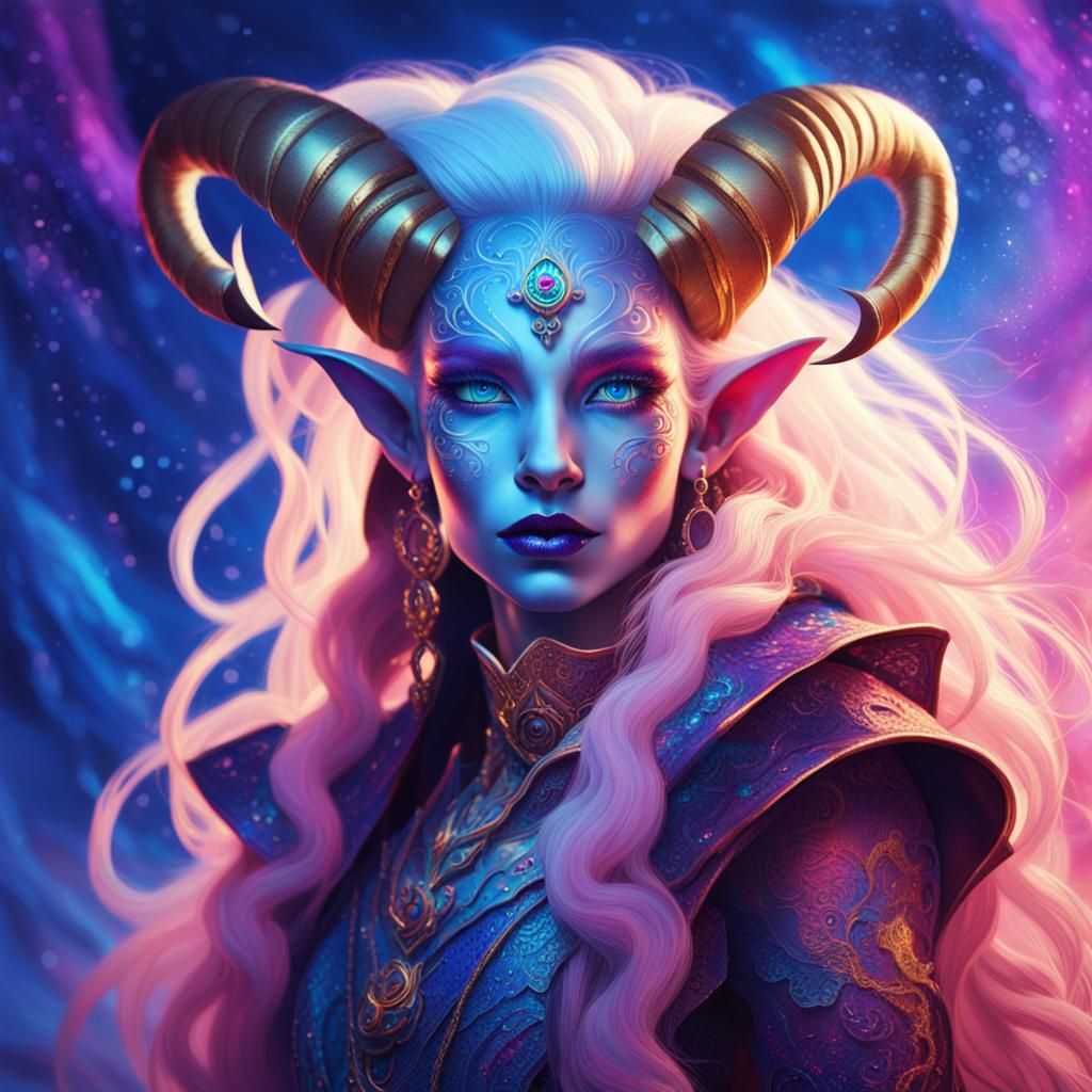 Snow Tiefling Lady Portrait in Ethereal Style