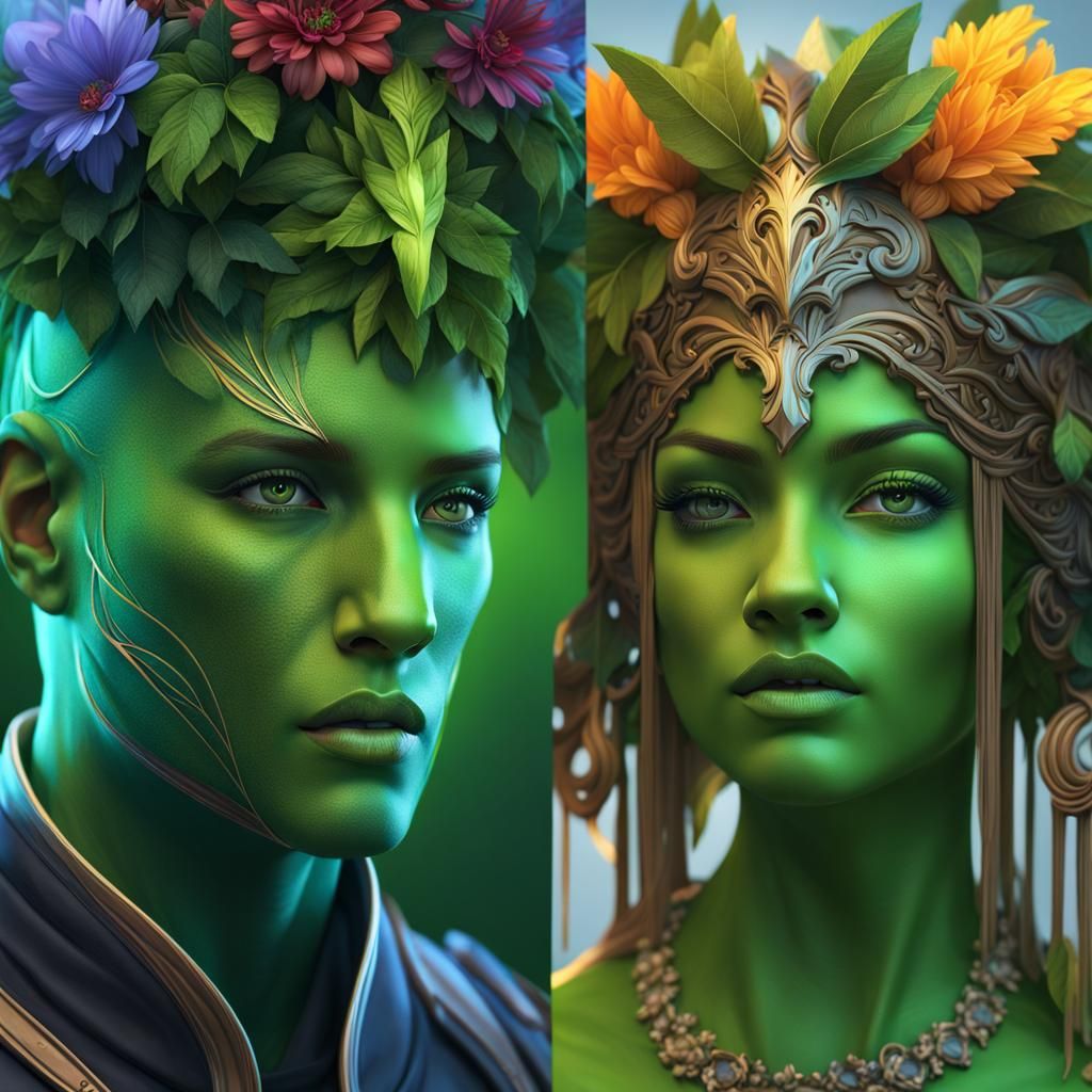 Dual Face Portrait with Greenery and Evil Details