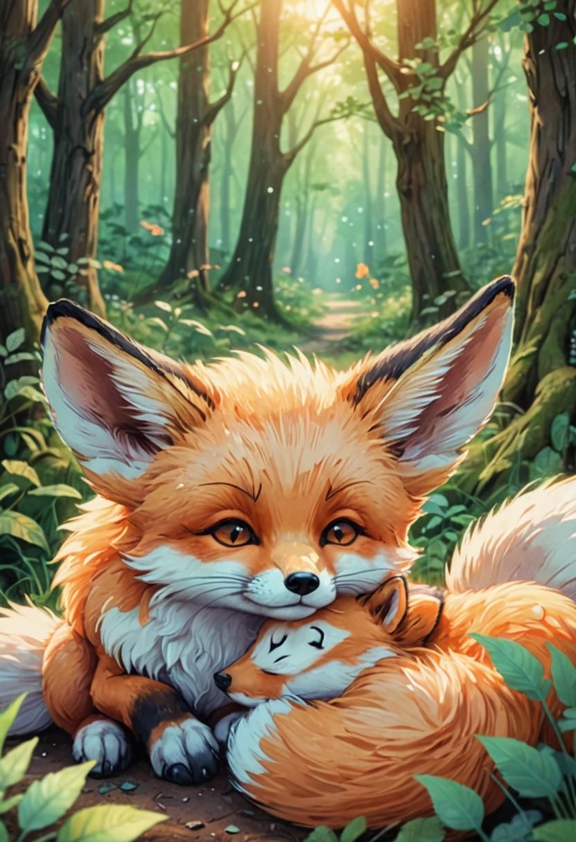 Baby Fox Snuggling Mom: Colorful Chibi Anime Art